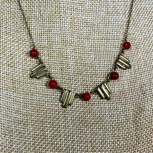 Vintage Art Deco style gold tone necklace with red beads